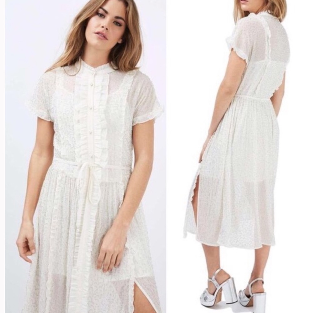 TOPSHOP PREMIUM WHITE CHIFFON EMBELLISHED SHIRT DRESS